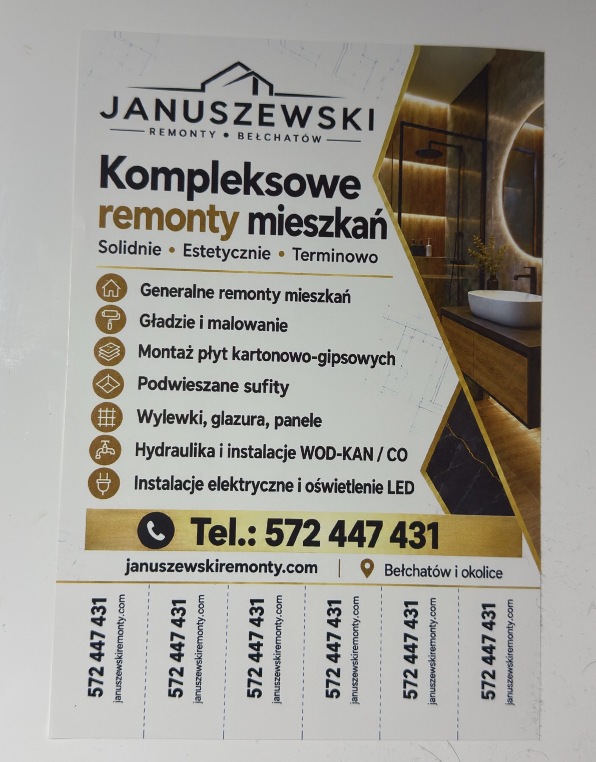 Ulotka A5 Januszewski Remonty — projekt Dybalski Studio